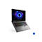 Ein Laptop, der leicht schräg steht, vor weißem Hintergrund. Das Display zeigt blaue und violette Kreise, darunter leuchtende Tastatur.