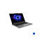 Grauer Laptop mit offenem Display, das einen blauen, kreisförmigen Hintergrund zeigt. Das Notebook ist auf weißem Hintergrund fotografiert.