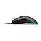 Schwarze Gaming-Maus in Seitenansicht mit leuchtendem RGB-Streifen und Kabel vor weißem Hintergrund.