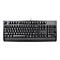 Schwarze Lenovo Tastatur mit Kabel vor weißem Hintergrund.