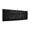 Schwarze kabelgebundene Lenovo Tastatur mit QWERTZ-Layout und Nummernblock vor weißem Hintergrund.