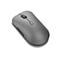 Graue, drahtlose Computermaus mit Scrollrad und Knöpfen auf weißem Hintergrund.