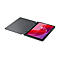 Ein Tablet mit Schutzhülle und Stift. Das Display zeigt eine rote Oberfläche mit der Uhrzeit.