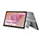 Ein graues Lenovo Tab Plus Tablet, teilweise mit Ständer, Bildschirm mit Text: "Lenovo Tab Plus 11.5" 2K".