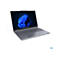Grauer Laptop mit Windows-Hintergrund. Tastatur, Touchpad und Webcam sind sichtbar. Intel-Logo unten rechts.