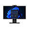Ein schwarzer Lenovo-Monitor mit Webcam. Auf dem Bildschirm wird ein Windows-Desktop mit App-Symbolen angezeigt. Lenovo-Logo unten.