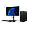 Ein schwarzes Lenovo ThinkCentre-Desktop-Set auf weißem Hintergrund. Der Monitor zeigt eine blaue Windows-Oberfläche, Tastatur und Maus sind unten platziert.