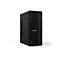 Schwarzer Lenovo ThinkCentre Computer, senkrecht stehend. Vertikale Streifen an der Front, Logo, Power-Taste und Anschlüsse.