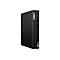 Schwarzer Lenovo ThinkCentre Mini-PC. Vertikales Gehäuse mit 'ThinkCentre' und 'Lenovo' Logos. Anschlüsse sichtbar.