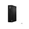 Schwarzer ThinkCentre Desktop-Computer. Die Vorderseite hat eine vertikale Struktur mit Anschlüssen, darunter ein Lenovo-Logo.