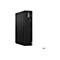 Schwarzer Lenovo ThinkCentre PC, Frontansicht, grauer Hintergrund. Auf dem Gehäuse steht 'ThinkCentre' und 'Lenovo'.