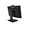 Schwarzer Lenovo-Monitor, Rückansicht. Monitor, Standfuß und Kamera sind schwarz. Der Standfuß hat eine rote Aussparung. Lenovo-Logo.