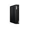Schwarzer Lenovo ThinkCentre Mini-PC, vertikal stehend. Mit ThinkCentre und Lenovo-Logo.