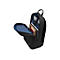 Schwarzer Rucksack, geöffnet, mit Laptop, Büchern und Zubehör. Innen blaues Futter, graues Außenmaterial, Lenovo-Logo.
