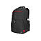 Schwarzer Rucksack mit roten Akzenten. Ein Trinkflaschenfach ist gefüllt. Das ThinkPad-Logo ist unten.