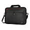 Schwarze Laptoptasche mit roten Reißverschlüssen, Schultergurt und Griff, ThinkPad-Logo.