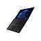 Schwarzes Laptop in SchrÃ¤gansicht, Bildschirm zeigt Windows-Hintergrund. Tastatur mit rotem Trackpoint, Touchpad. Marke ThinkPad.