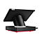 Schwarzes Lenovo-Display mit roter Basis. Bildschirm geneigt, auf perforierter Säule und rechteckiger Basis. Stromkabel sichtbar.