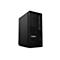 Schwarzer Lenovo ThinkStation P2 Tower-PC, Frontansicht mit Wabenmuster. Das ThinkStation-Logo ist unten zu sehen.