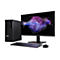 Schwarzer Desktop-PC mit Monitor, Tastatur und Maus. Auf dem Monitor ist ein abstraktes, farbenfrohes Design zu sehen.