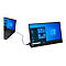 Moniteur ThinkVision noir connecté à un ordinateur portable ThinkPad. Les deux appareils affichent l'écran de démarrage de Windows.