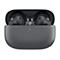 Écouteurs sans fil gris foncé avec étui de chargement, couvercle ouvert. À l'intérieur, deux écouteurs.