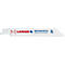 Lame de scie pour métal, blanche avec des lettres rouges et bleues, de Lenox. Inscription : 618R 18T 1,4mm Bi-Metal MEDIUM METAL.