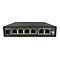 Schwarzer Netzwerk-Switch mit sechs RJ45-Anschlüssen vor weißem Hintergrund.