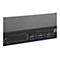 Ein schwarzer Switch mit Ports und Beschriftungen. Einige Ports sind blau hinterlegt. Text: FCP-2602 26-Port Fast Ethernet PoE Switch.