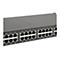 Nahaufnahme eines grauen Netzwerk-Patchpanels mit nummerierten RJ45-Ports vor weißem Hintergrund.
