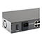 Rückseite eines grauen Netzwerk-Switches mit Stromanschluss, Schalter und nummerierten Ethernet-Ports.