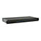 Schwarzer 34-Port Fast Ethernet PoE-Switch von LevelOne in 19-Zoll-Gehäuse vor weißem Hintergrund.