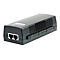 Schwarzer PoE-Injektor, zwei RJ45-AnschlÃ¼sse, rechteckige Form, geriffelte Oberseite.