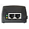 Schwarzer PoE-Adapter mit zwei Ethernet-AnschlÃ¼ssen, grÃ¼ner PWR- und gelber PoE-LED. Beschriftung: P+D/OUT, Data/IN.