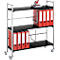 Black rolling shelf with red file folders and red stapler, ready for office use.