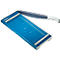 Blue paper cutter with white handle and black blade.