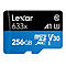 Une carte micro SD Lexar 633x noire et bleue avec les inscriptions 'Lexar', '633x', '256 Go', 'microSDXC', 'V30', 'A1' et le logo de la carte SD.