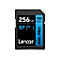 Carte SD Lexar. Noir avec texte blanc : 256 Go, 150 Mo/s, 800x Pro. Éléments bleus.