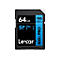Schwarze SD-Karte mit weißem '64GB' Schriftzug, blaue Akzente und 'Lexar' Logo.