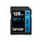 Schwarze SD-Karte mit weißem Aufdruck. Aufschrift: 128 GB, Lexar, 800x PRO.