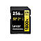 Carte SD noire avec des accents jaunes, 256 Go de stockage, 270 Mo/s, Lexar Professional. Inscription "1800x".