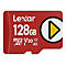 Rote Lexar Micro SD Karte, 128GB, mit Play-Symbol.