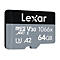 Une carte Micro SD Lexar, grise et noire. La carte indique : V30 1066x XC I A2 64GB.
