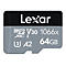 Une carte microSD Lexar grise et noire, avec du texte tel que 'Lexar', 'V30', '1066x' et '64GB'.