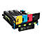 Ein Farblaserdrucker-Toner in Schwarz, Gelb, Cyan und Magenta. Auf schwarzem GehÃ¤use. Details von Tintenfarben abgebildet.