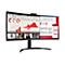 Ein schwarzer LG-Monitor zeigt ein Meeting. Auf dem Bildschirm eine Grafik und Video-Calls. Ein roter Diagramm und Text sind sichtbar.
