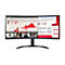 Ein gekrümmter LG-Monitor zeigt ein Online-Meeting, eine Analyse der globalen Wachstumsindustrie und eine Chart-Grafik.