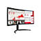 Ein gebogener LG-Monitor zeigt eine Präsentation und eine Videokonferenz. Diagramme, Tabellen, Personen in der Konferenz.
