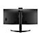Rückseite eines schwarzen LG-Monitors, der auf einem weißen Hintergrund steht.