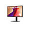Moniteur LG UltraFine noir sur pied avec un fond abstrait et coloré.